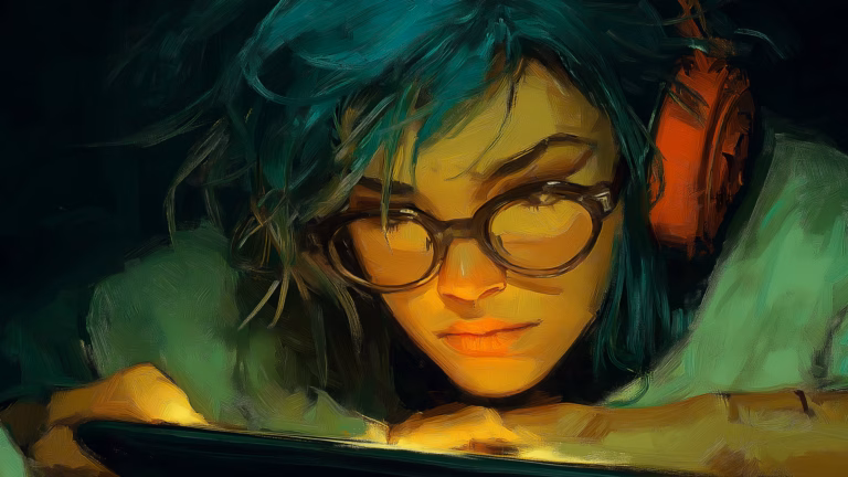 Person mit Kopfhörern und Bildschirm